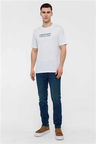 Beyaz Regular Fit %100 Pamuk Baskılı Bisiklet Yaka Tişört