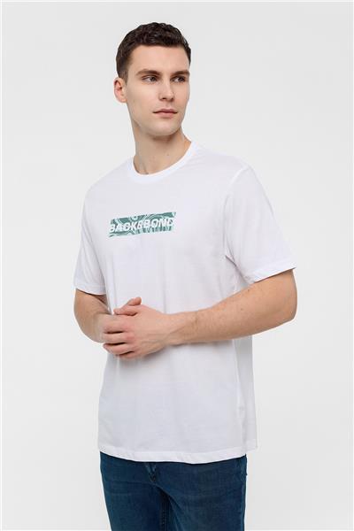 Beyaz Regular Fit %100 Pamuk Baskılı Bisiklet Yaka Tişört