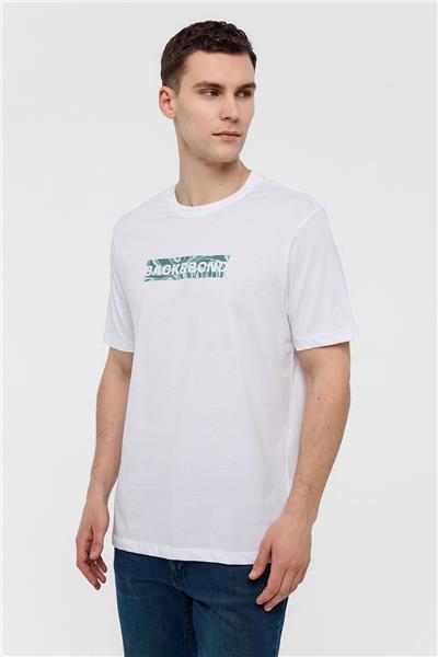 Beyaz Regular Fit %100 Pamuk Baskılı Bisiklet Yaka Tişört