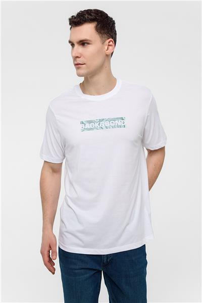 Beyaz Regular Fit %100 Pamuk Baskılı Bisiklet Yaka Tişört