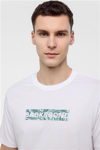 Beyaz Regular Fit %100 Pamuk Baskılı Bisiklet Yaka Tişört