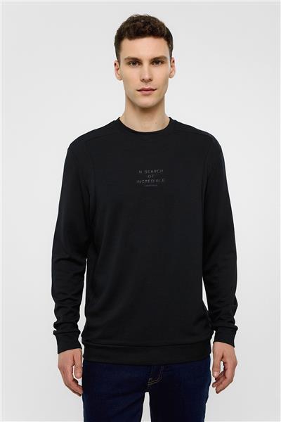 Siyah Bisiklet Yaka Baskılı Uzun Kollu Sweatshirt