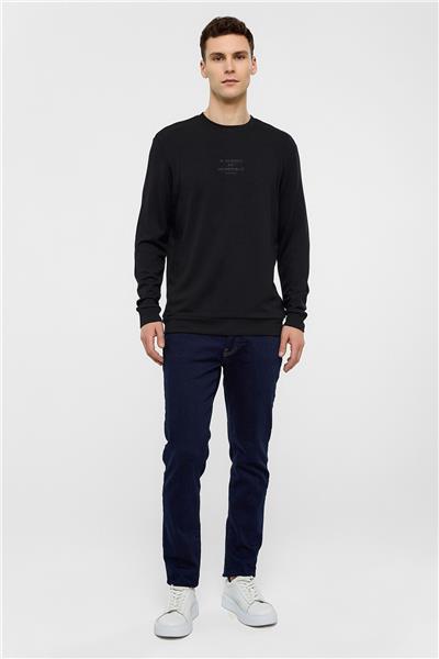 Siyah Bisiklet Yaka Baskılı Uzun Kollu Sweatshirt