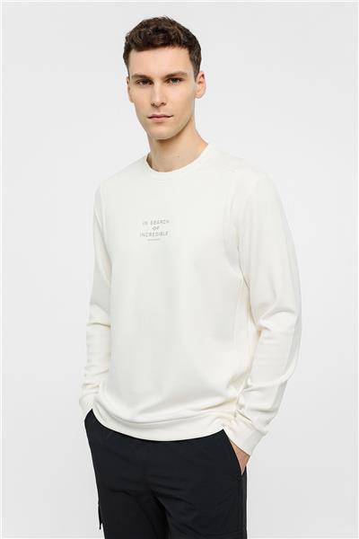 Beyaz Bisiklet Yaka Baskılı Uzun Kollu Sweatshirt