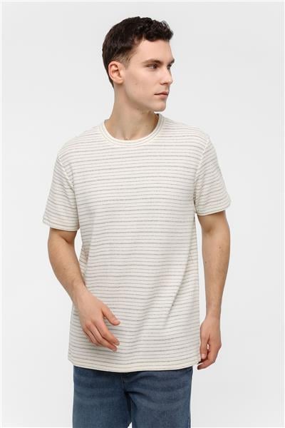 Ekru Regular Fit Bisiklet Yaka Çizgili Tişört