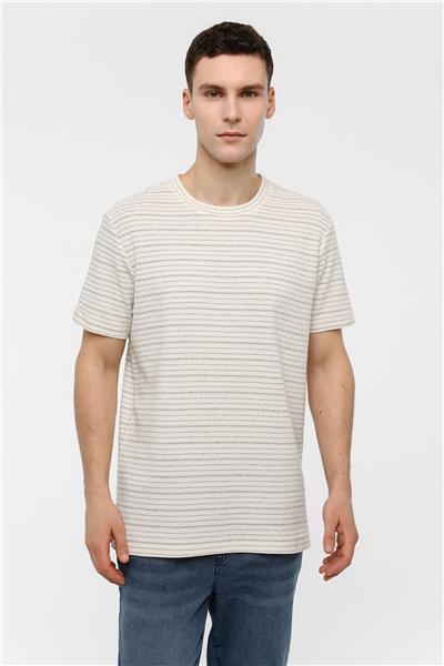 Ekru Regular Fit Bisiklet Yaka Çizgili Tişört