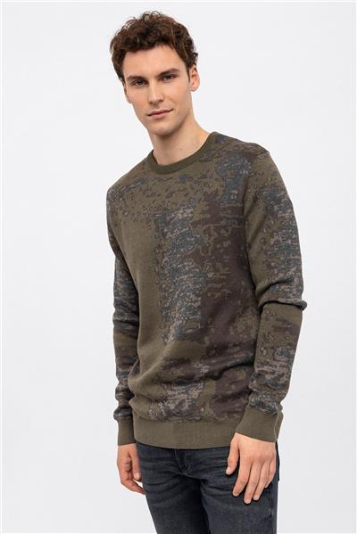 Haki Regular Fit Desenli Pamuklu Bisiklet Yaka Triko Kazak