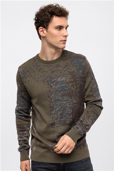 Haki Regular Fit Desenli Pamuklu Bisiklet Yaka Triko Kazak