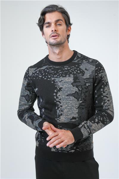 Siyah Regular Fit Desenli Pamuklu Bisiklet Yaka Triko