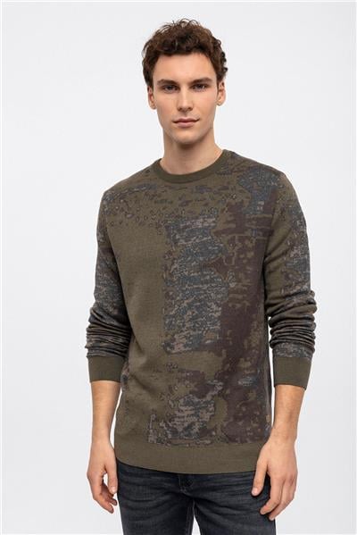 Haki Regular Fit Desenli Pamuklu Bisiklet Yaka Triko Kazak