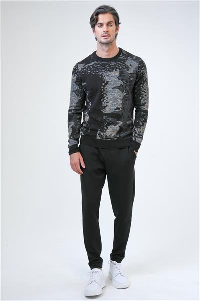 Siyah Regular Fit Desenli Pamuklu Bisiklet Yaka Triko