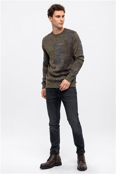 Haki Regular Fit Desenli Pamuklu Bisiklet Yaka Triko Kazak