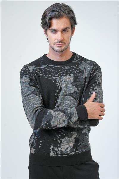 Siyah Regular Fit Desenli Pamuklu Bisiklet Yaka Triko