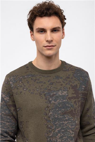 Haki Regular Fit Desenli Pamuklu Bisiklet Yaka Triko Kazak