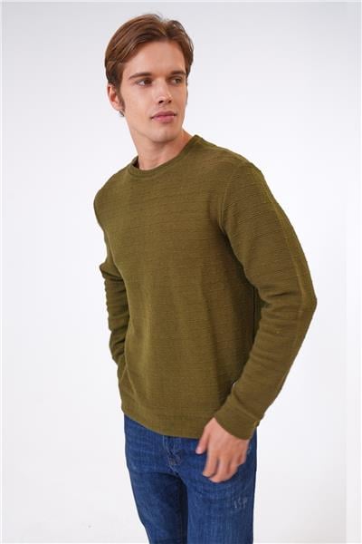 Haki Regular Fit Pamuklu Desenli Bisiklet Yaka Sweatshirt