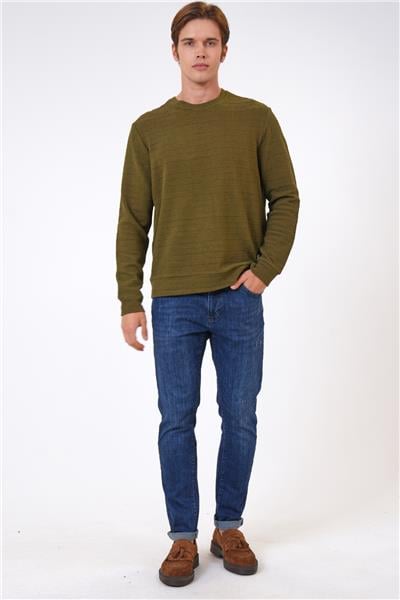 Haki Regular Fit Pamuklu Desenli Bisiklet Yaka Sweatshirt