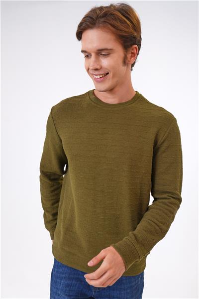 Haki Regular Fit Pamuklu Desenli Bisiklet Yaka Sweatshirt