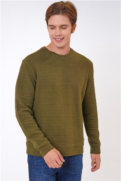 Haki Regular Fit Pamuklu Desenli Bisiklet Yaka Sweatshirt