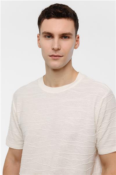 Ekru Bisiklet Yaka Jakarlı Tişört