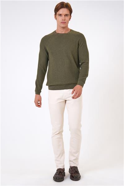 Haki Regular Fit Jakarlı Pamuklu Bisiklet Yaka Triko