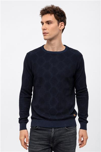 Lacivert Regular Fit Pamuklu Bisiklet Yaka Triko Kazak