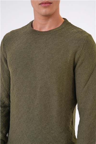 Haki Regular Fit Pamuklu Jakarlı Bisiklet Yaka Triko Kazak