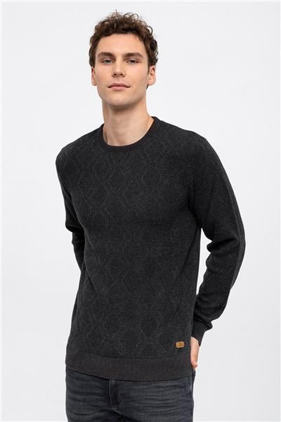 Antrasit Regular Fit Pamuklu Bisiklet Yaka Triko Kazak