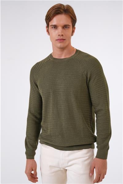 Haki Regular Fit Jakarlı Pamuklu Bisiklet Yaka Triko