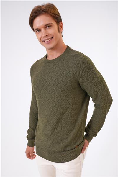 Haki Regular Fit Pamuklu Jakarlı Bisiklet Yaka Triko Kazak