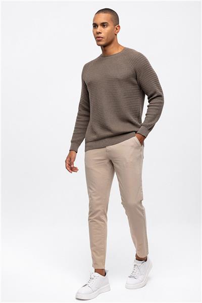 Vizon Regular Fit Jakarlı Pamuklu Bisiklet Yaka Triko Kazak