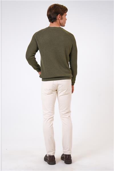 Haki Regular Fit Jakarlı Pamuklu Bisiklet Yaka Triko