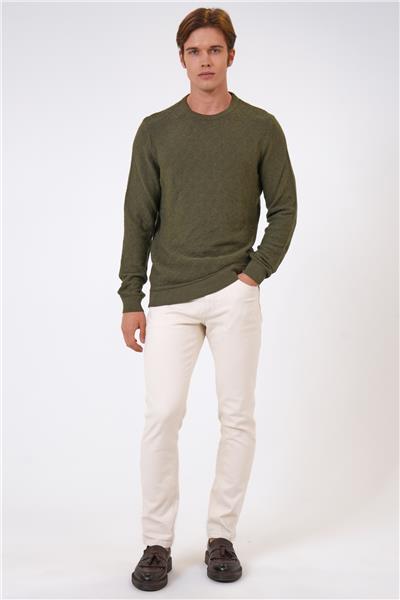 Haki Regular Fit Pamuklu Jakarlı Bisiklet Yaka Triko Kazak