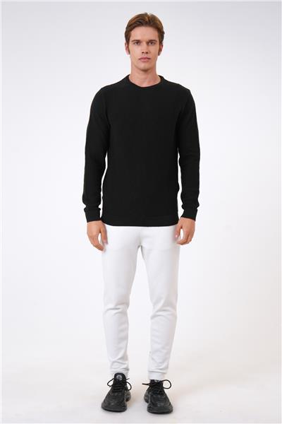 Siyah Regular Fit Pamuklu Jakarlı Bisiklet Yaka Triko Kazak