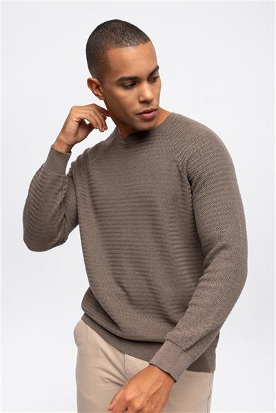 Vizon Regular Fit Jakarlı Pamuklu Bisiklet Yaka Triko Kazak