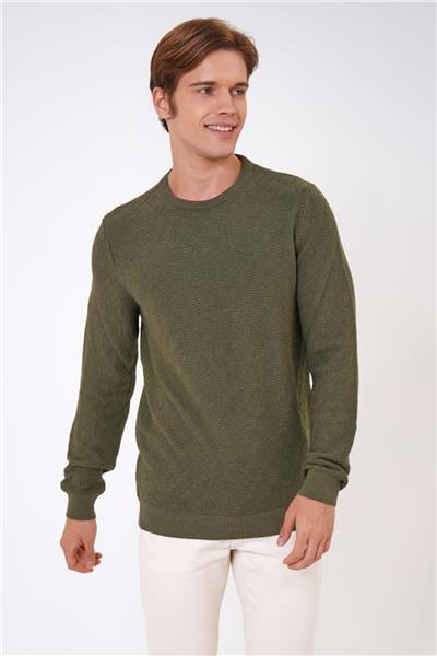 Haki Regular Fit Pamuklu Jakarlı Bisiklet Yaka Triko Kazak