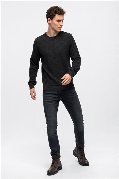 Antrasit Regular Fit Pamuklu Bisiklet Yaka Triko Kazak