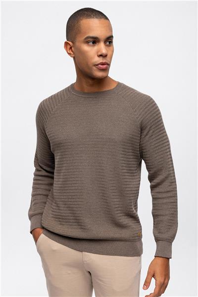 Vizon Regular Fit Jakarlı Pamuklu Bisiklet Yaka Triko Kazak