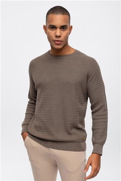 Vizon Regular Fit Jakarlı Pamuklu Bisiklet Yaka Triko Kazak