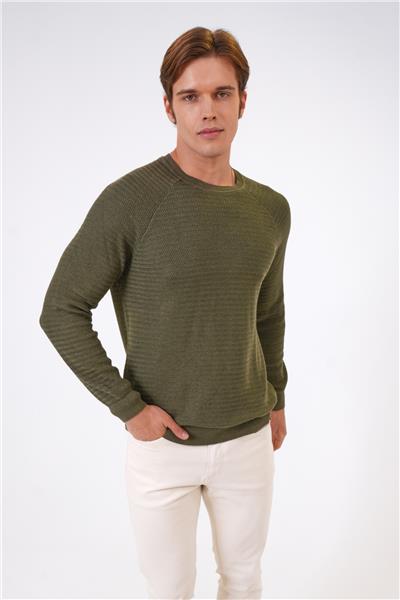 Haki Regular Fit Jakarlı Pamuklu Bisiklet Yaka Triko