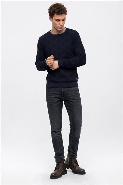 Lacivert Regular Fit Pamuklu Bisiklet Yaka Triko Kazak