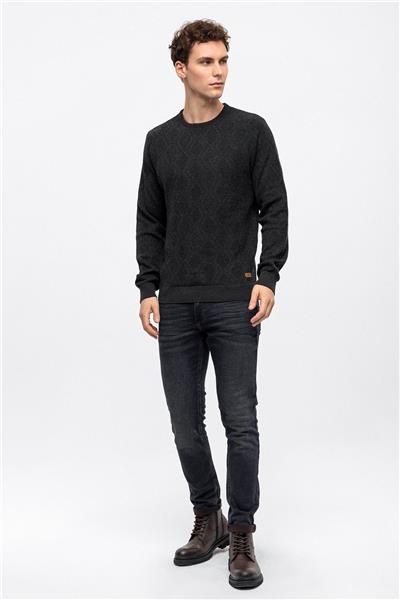 Antrasit Regular Fit Pamuklu Bisiklet Yaka Triko Kazak