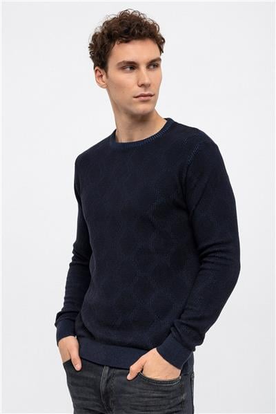 Lacivert Regular Fit Pamuklu Bisiklet Yaka Triko Kazak