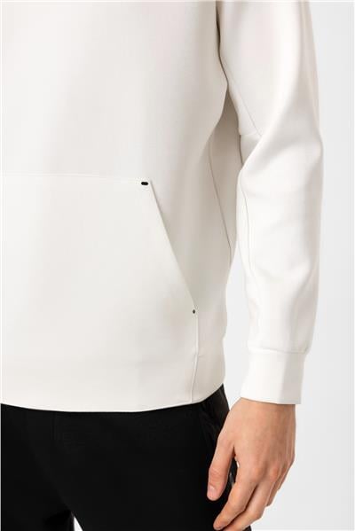 Beyaz Regular Fit Pamuklu Bisiklet Yaka Kanguru Sweatshirt