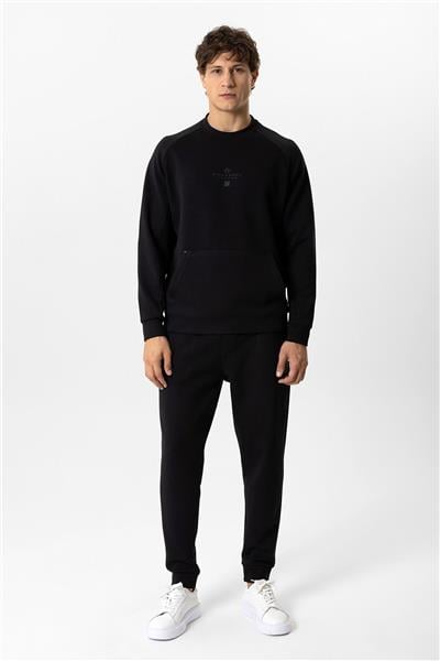 Siyah Regular Fit Pamuklu Bisiklet Yaka Kanguru Sweatshirt