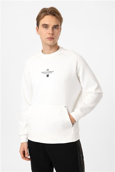 Beyaz Regular Fit Pamuklu Bisiklet Yaka Kanguru Sweatshirt