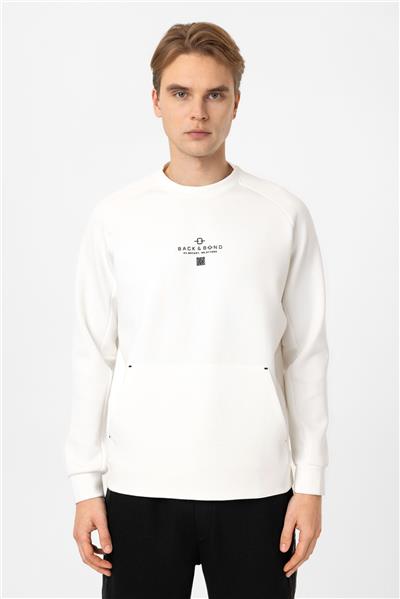 Beyaz Regular Fit Pamuklu Bisiklet Yaka Kanguru Sweatshirt