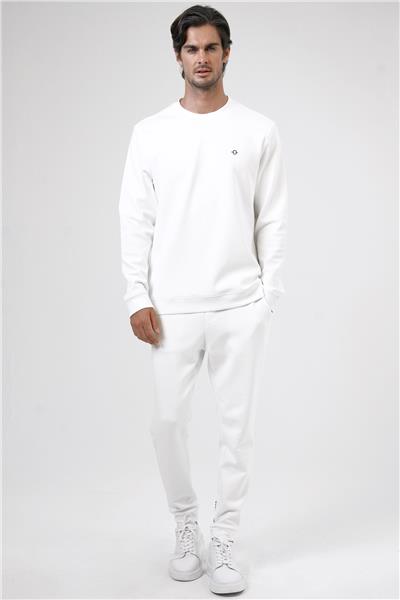 Beyaz Regular Fit Pamuklu Bisiklet Yaka Sweatshirt