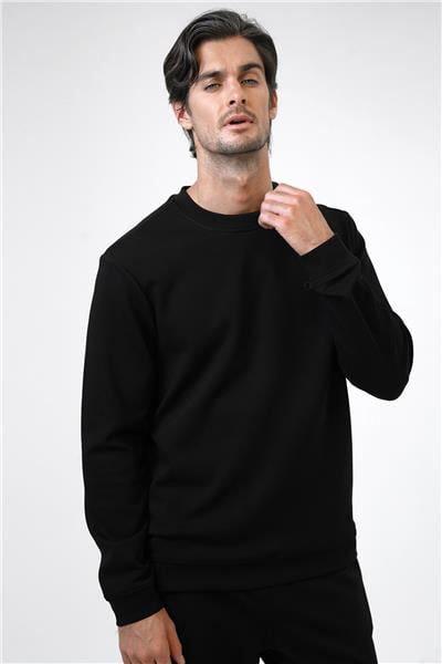 Siyah Regular Fit Pamuklu Bisiklet Yaka Sweatshirt