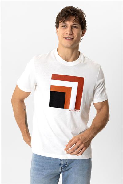 Beyaz Regular Fit Bisiklet Yaka %100 Pamuk Baskılı Tişört