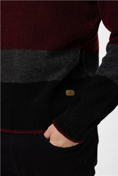 Siyah Regular Fit Bisiklet Yaka Çizgili Triko Kazak